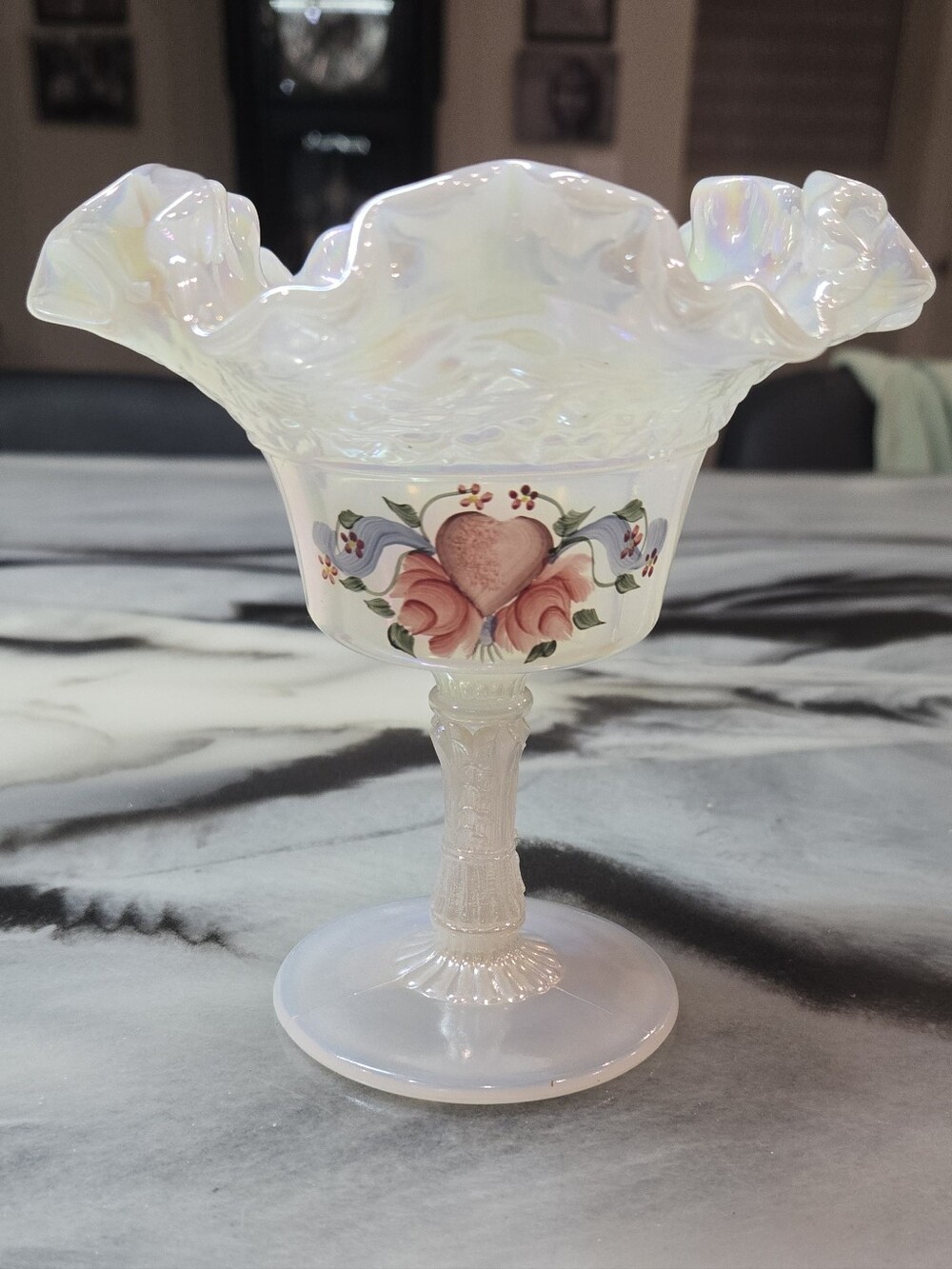 Fenton Art Glass Iridescent Hearts and Flowers Pedestal Dish Signed D. Fredrick